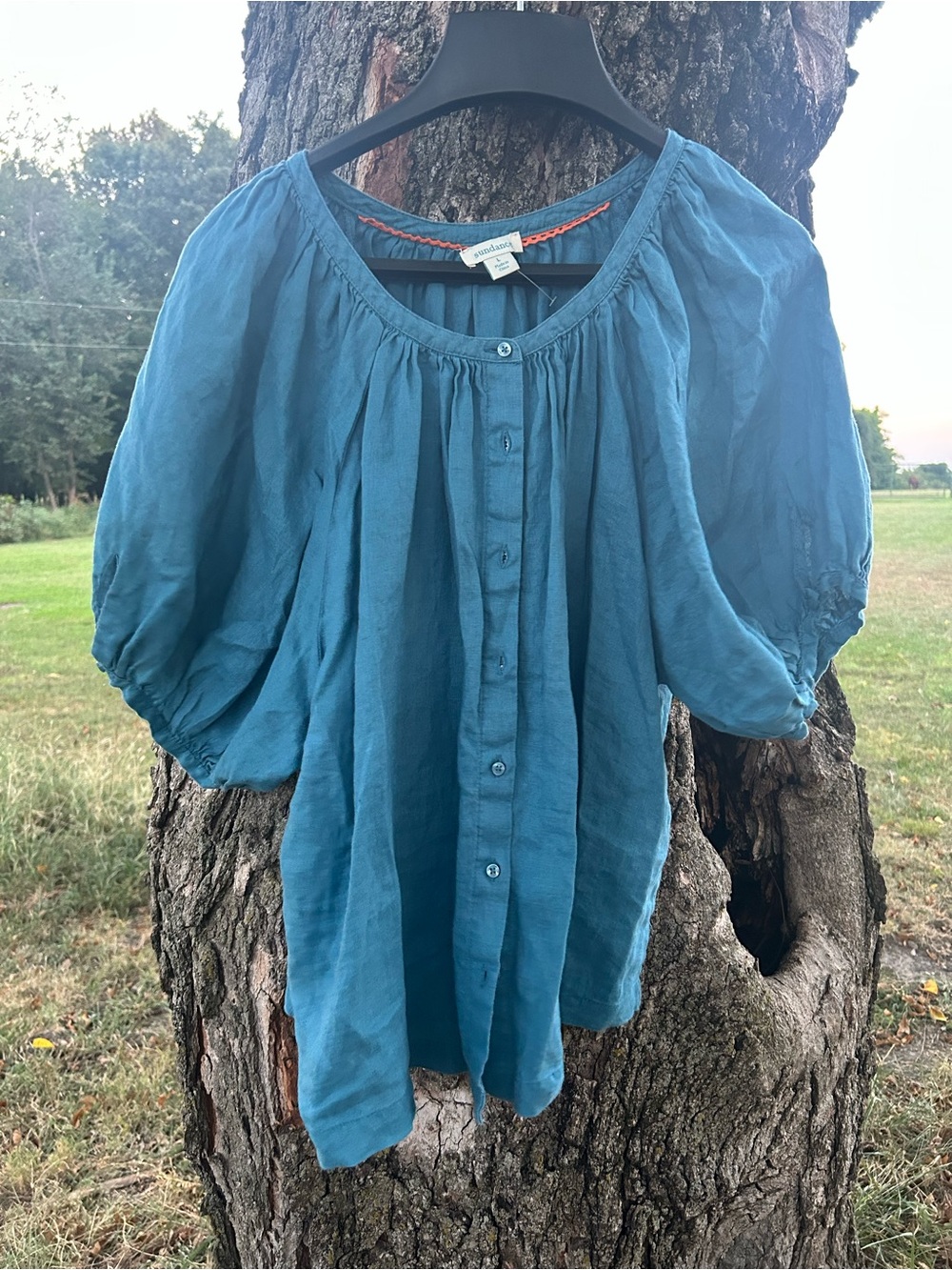 Sundance Linen Lightweight Teal Button-Front Peasant Top - Women